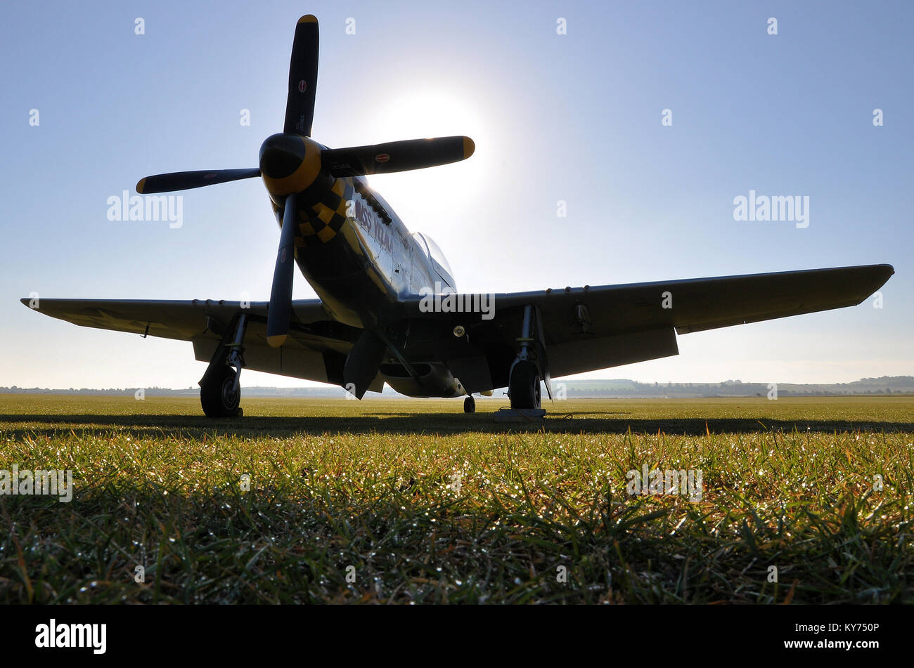 North American P-51 Mustang Miss Velma sitting on grass with dew early in the morning. Space for copy Stock Photo