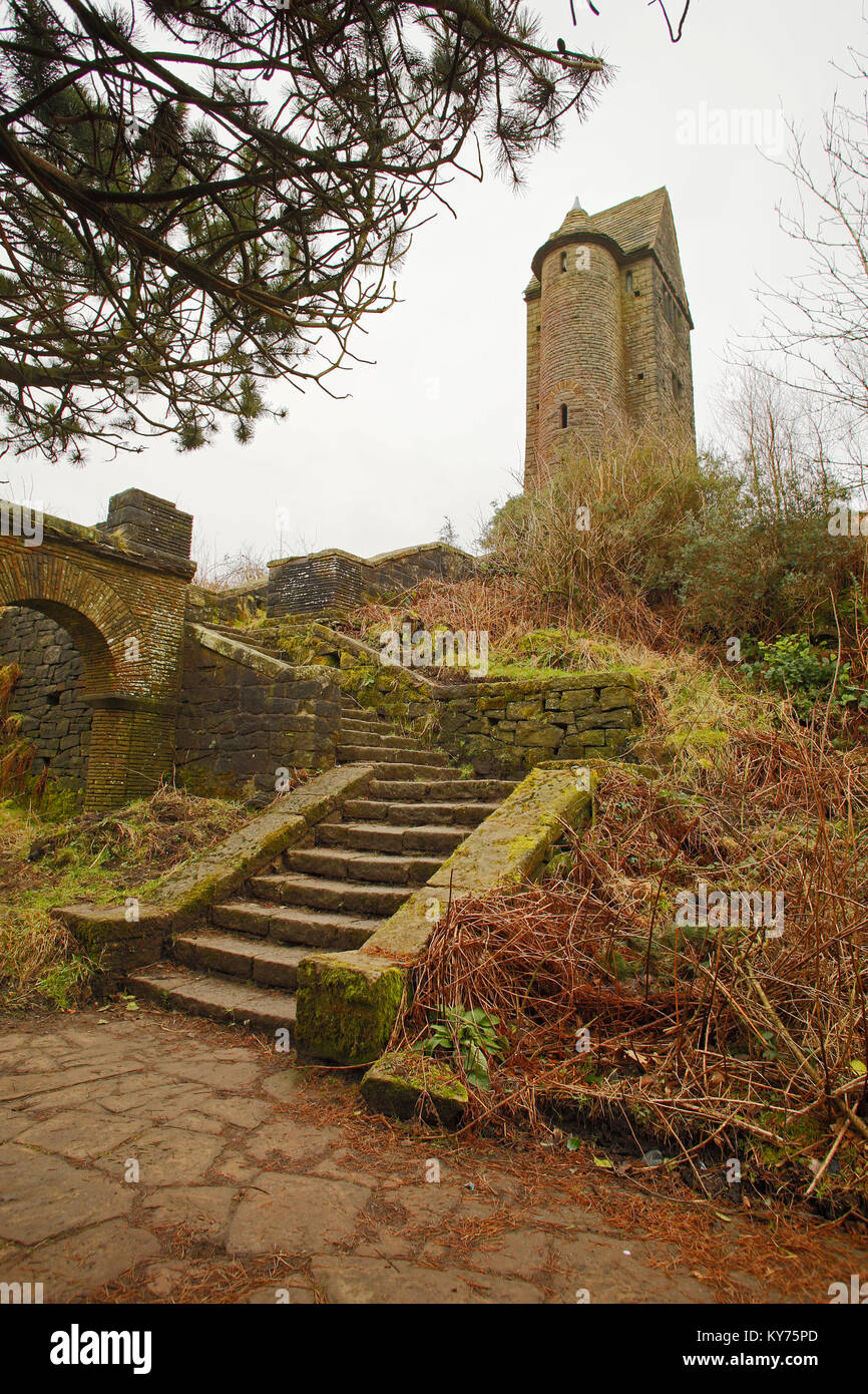 The Pigeon Tower in the Terraced Gardens at Rivington, previously part of the estate of Lord Leverhulme. Steps and various architectural features. Stock Photo