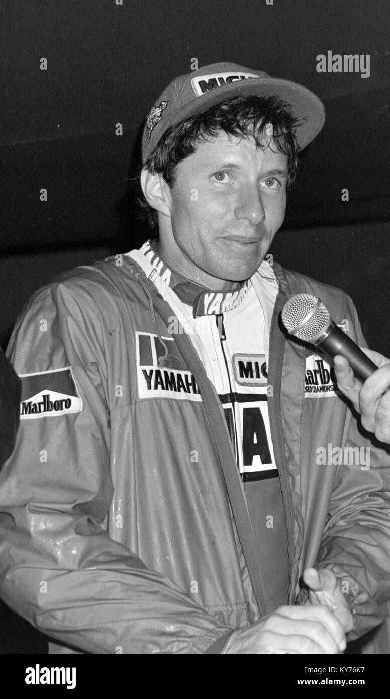 Eddie Lawson at the 1985 British motorcycle Grand Prix Moto GP, where he finished 2nd. Stock Photo