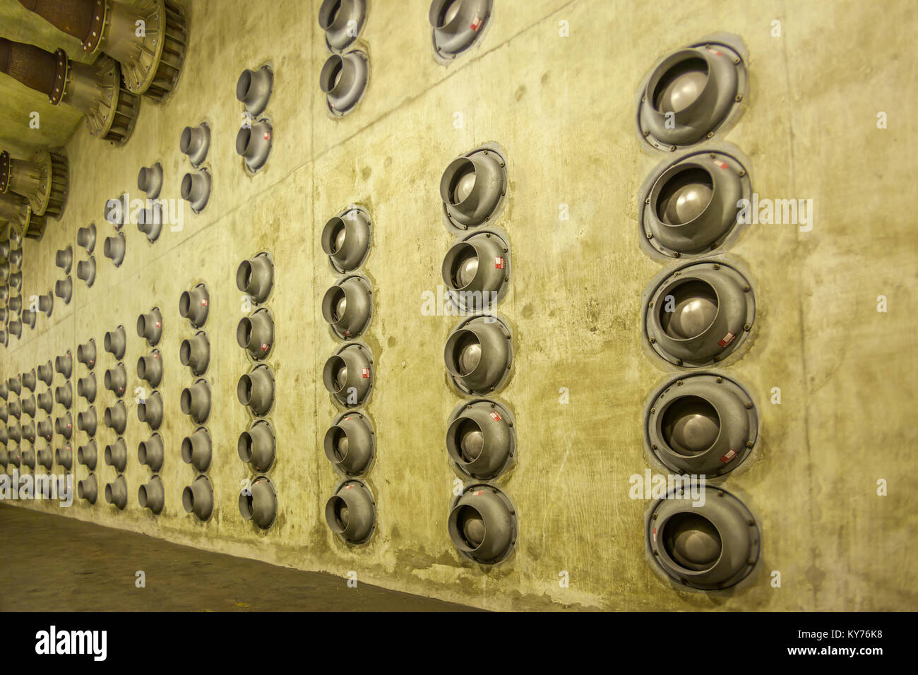 blast Vents in a concrete wall in the underground nuclear bunker Stock Photo
