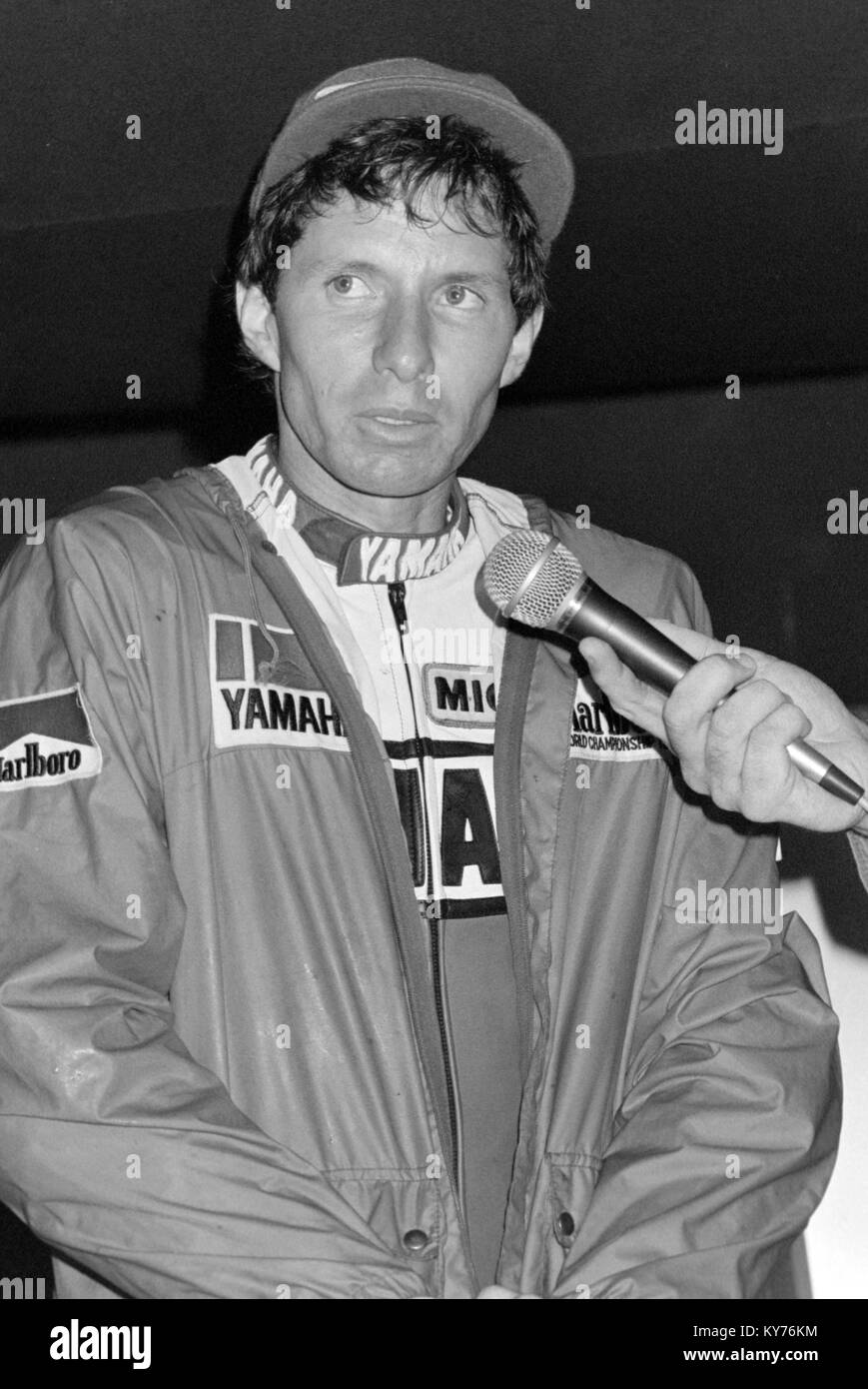 Eddie Lawson at the 1985 British motorcycle Grand Prix Moto GP, where he finished 2nd. Stock Photo