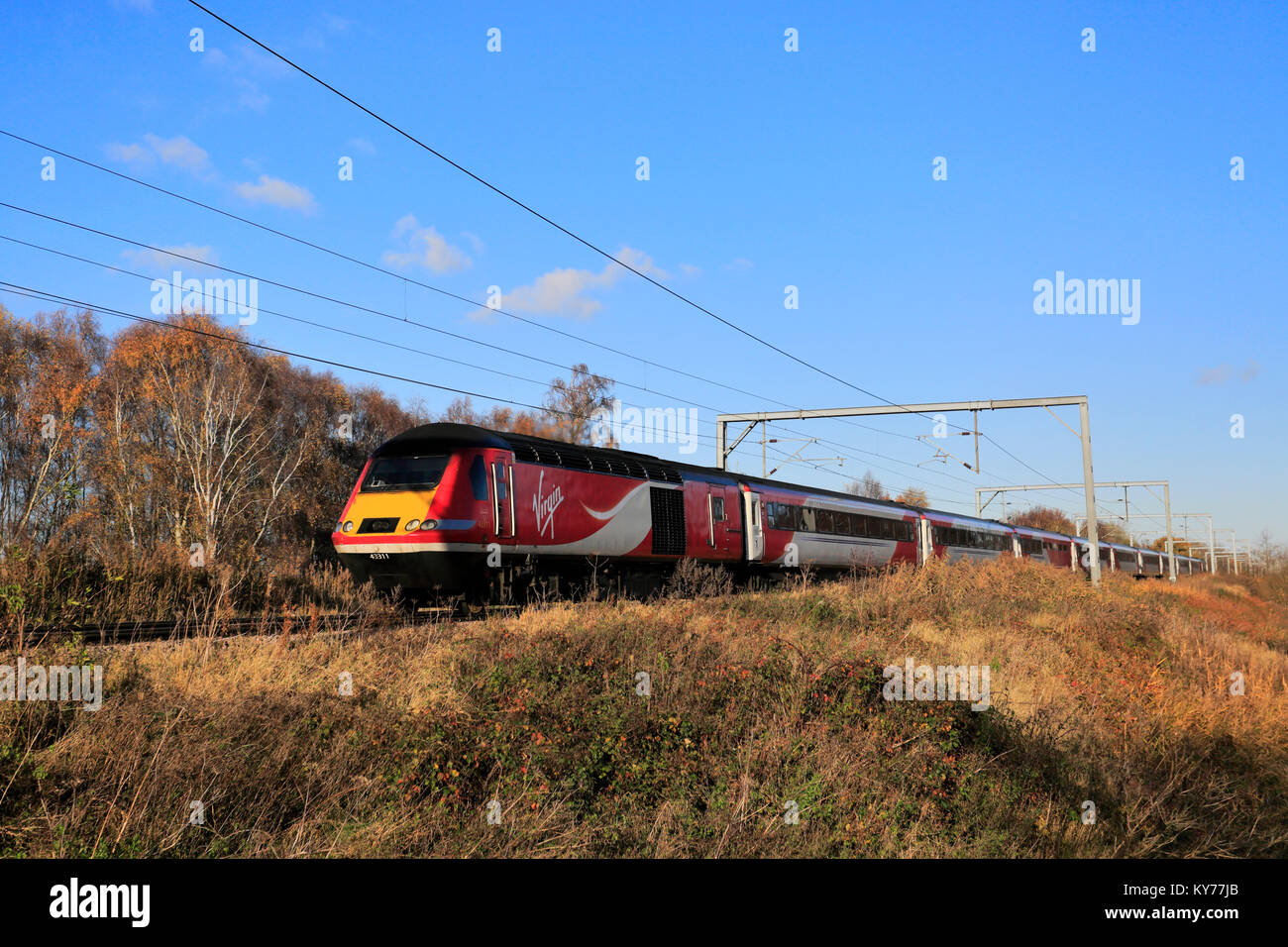 43311 Virgin Trains, East Coast Main Line Railway, Peterborough, Cambridgeshire, England, UK Stock Photo