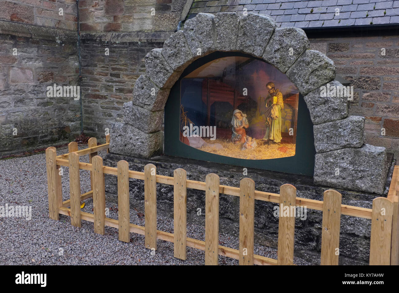 Fenced off Nativity scene in Falmouth, Cornwall. Stock Photo