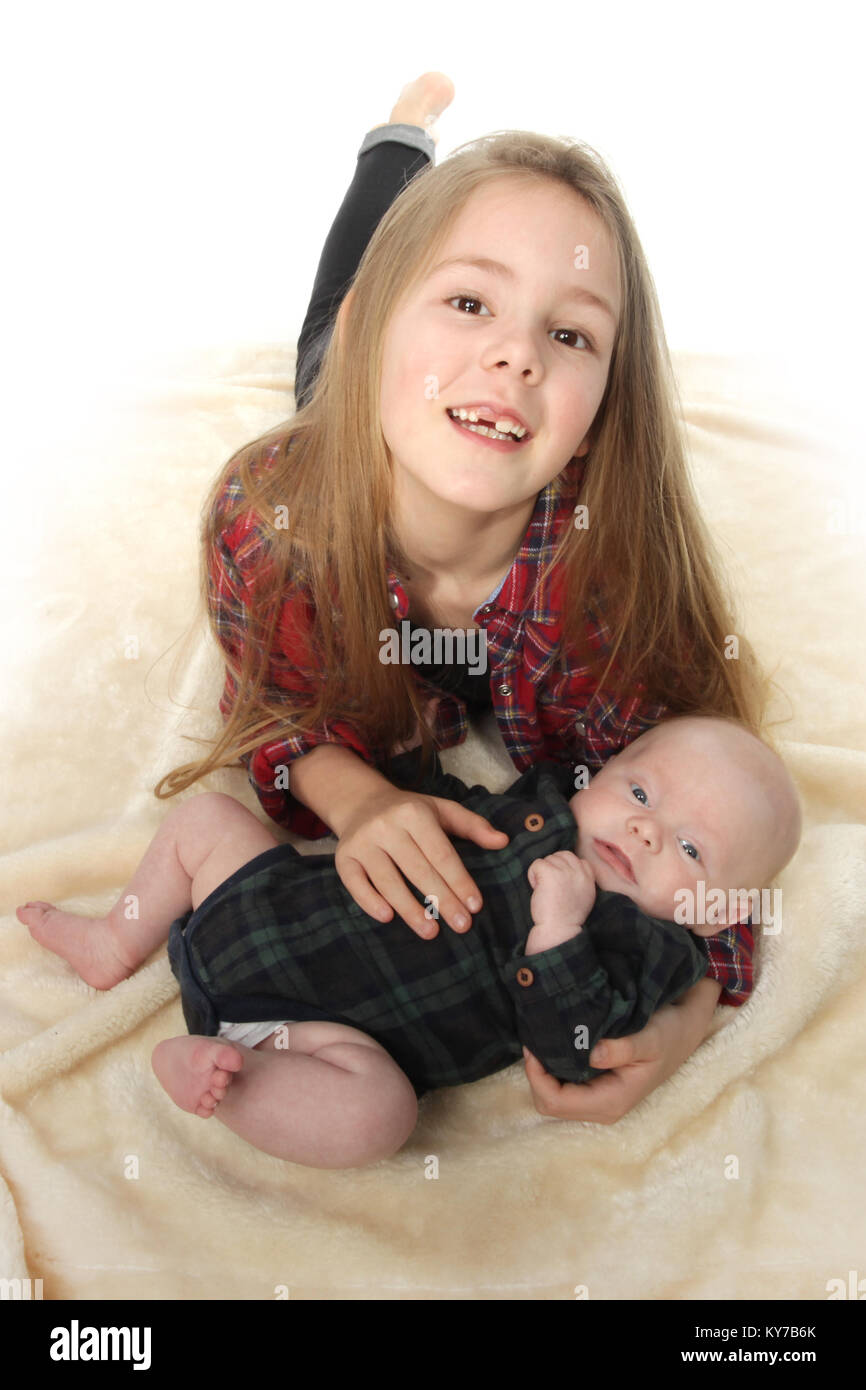 little brother big sister together, loving family Stock Photo
