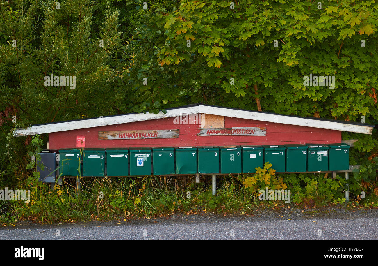 Row of mailboxes, Ljustero, Stockholm County, Sweden, Scandinavia. Stock Photo
