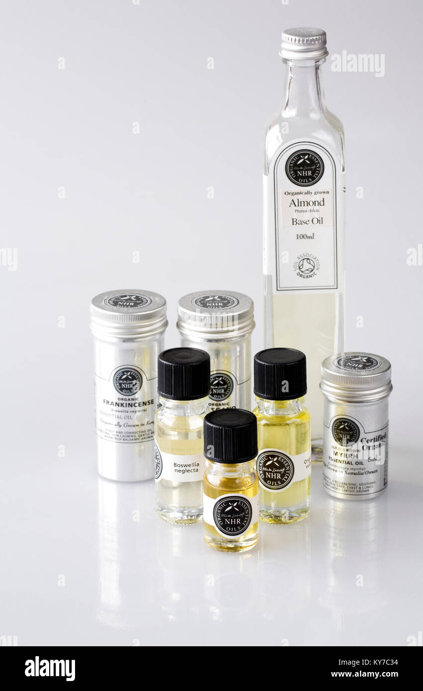 Organic essential oils. Frankincense, Myrrh and Oregano oils. Stock Photo