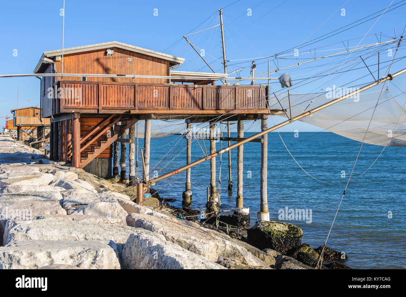 Traditional fishing station in Sottomarina dam near Venice, Italy Stock Photo