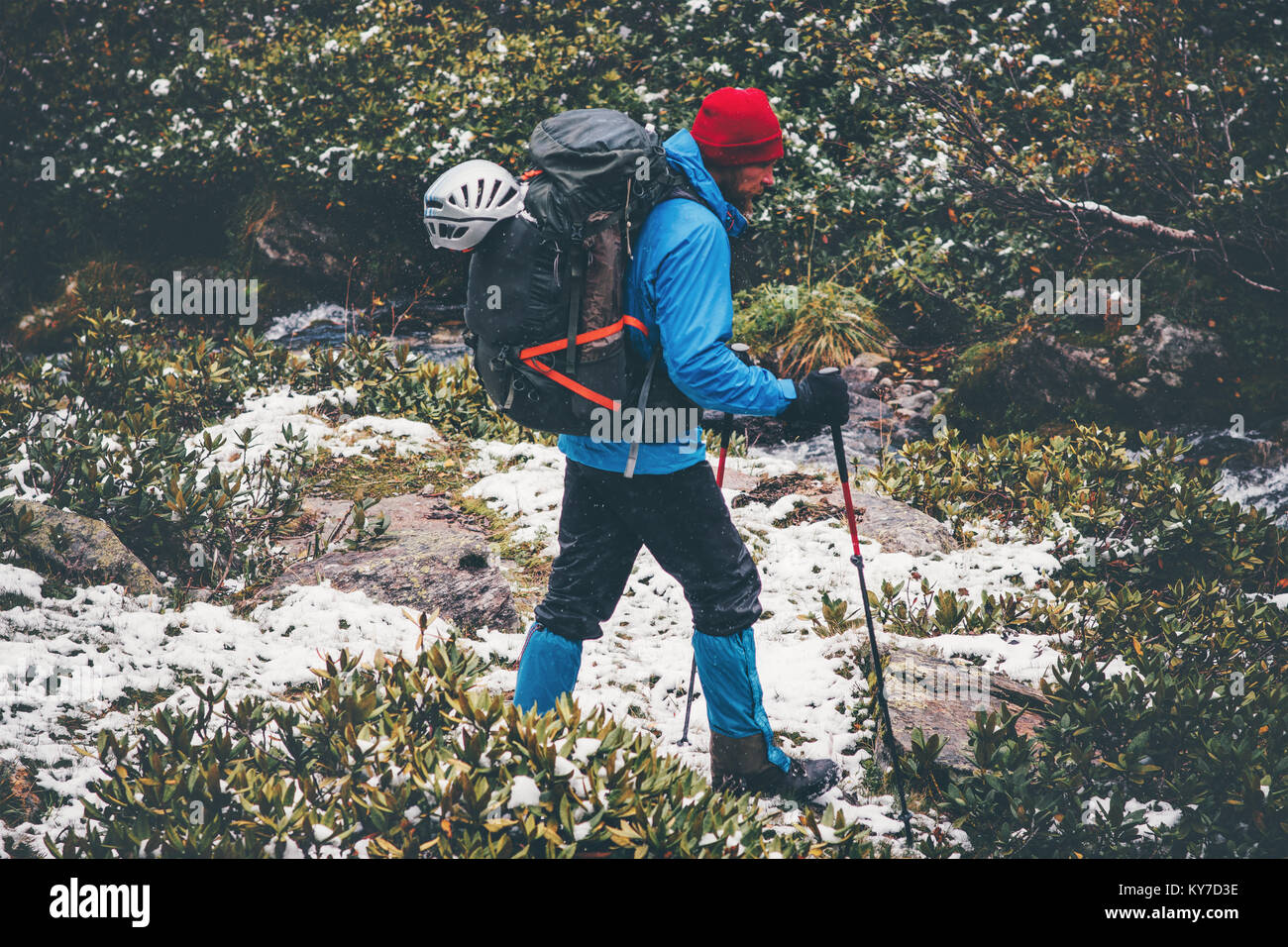 Woman in hiking clothes with backpack takes picture of green