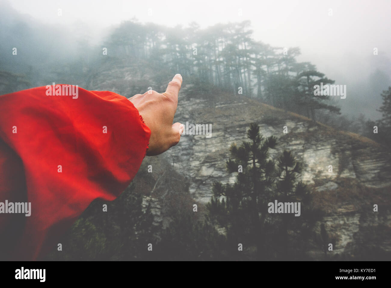 Hand showing destination and foggy Forest Landscape scenic view Travel serene scenery rainy day Stock Photo