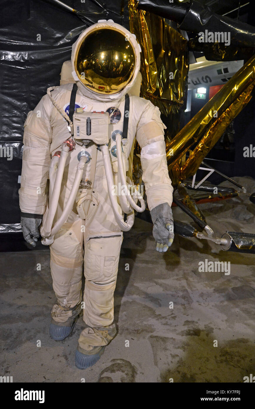 Space suit, astronaut, beside a replica of the US Lunar Lander Space Craft at The Science Museum, London, UK Stock Photo