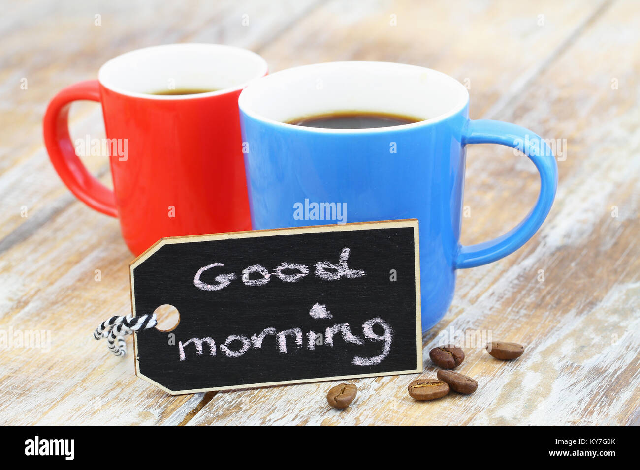 Good morning card with colorful mugs with coffee Stock Photo - Alamy