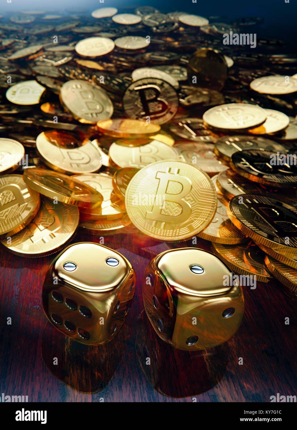 Bitcoin game of chance, stack of  coins and golden dice Stock Photo