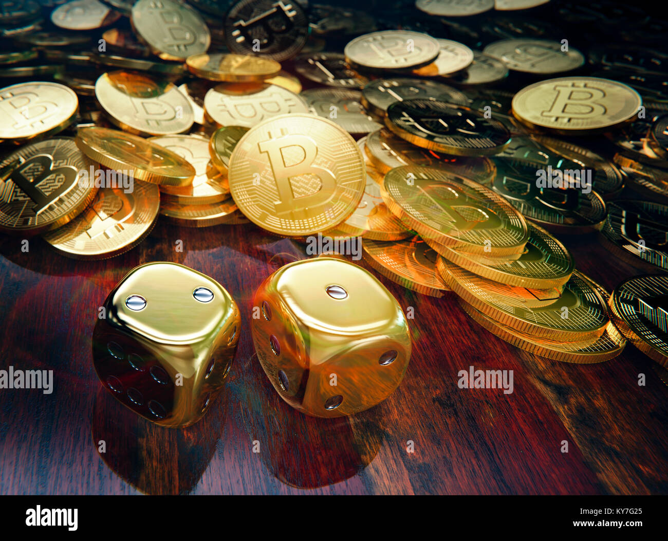 Bitcoin dice gambling, stack of  coins and golden dice Stock Photo