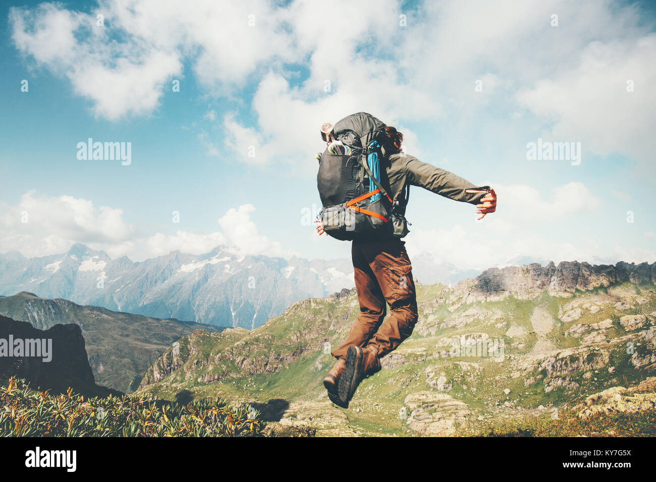 Traveler Man jumping levitation with heavy backpack at mountains Lifestyle Travel happy emotional success concept adventure active vacations outdoor Stock Photo - Alamy Traveler Man jumping levitation with heavy backpack at mountains Lifestyle Travel happy emotional success concept adventure active vacations outdoor Stock Photo - Alamy