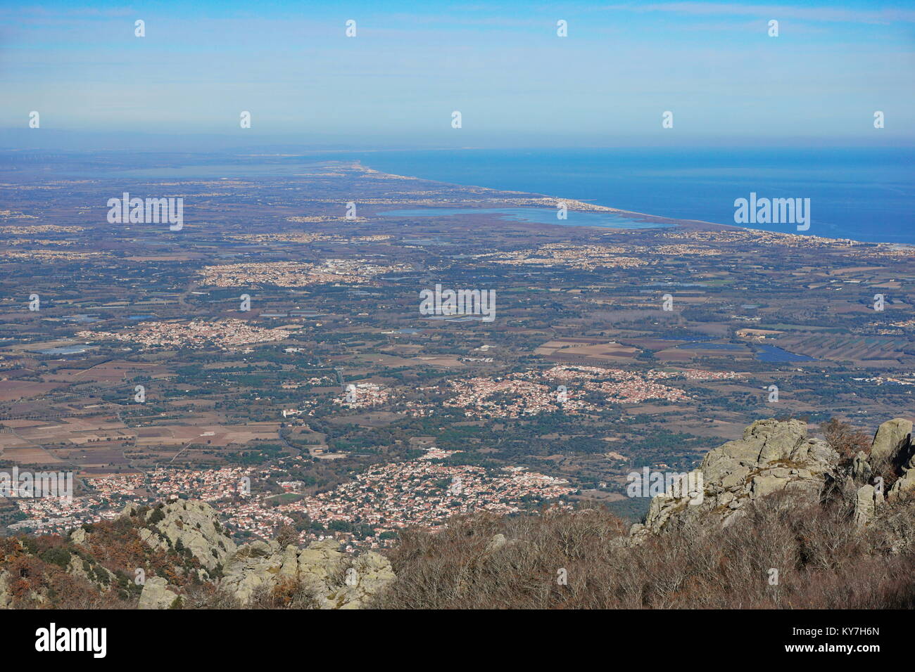France the Roussillon plain on the shore of the Mediterranean sea, Pyrenees Orientales, landscape from the heights of the massif des Alberes Stock Photo