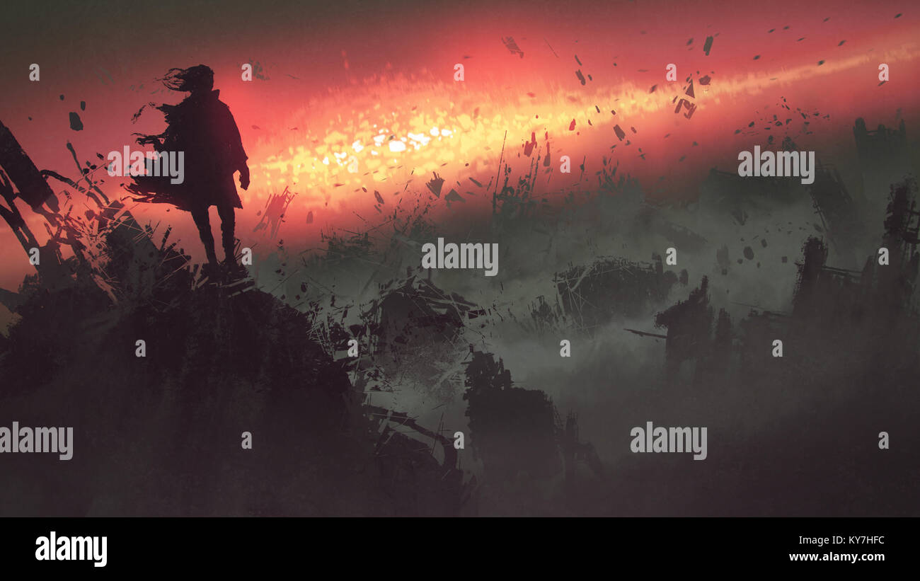 end of the world concept of the man on ruined buildings looking at apocalyptic explosion on the earth, digital art style, illustration painting Stock Photo