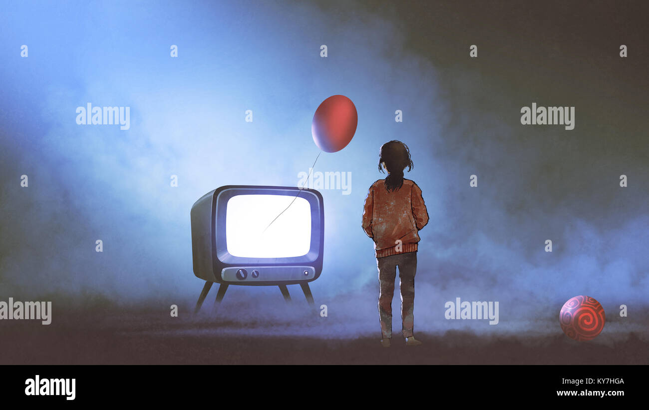 girl looking at red balloon floating coming out of television on dark background, digital art style, illustration painting Stock Photo