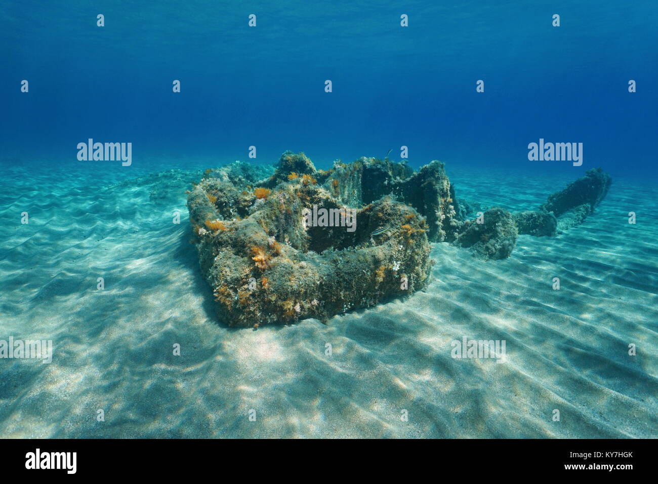 Wrecked ship remains underwater on a sandy sea bottom, Mediterranean sea, Vermilion coast, Pyrenees-Orientales, Roussillon, France Stock Photo