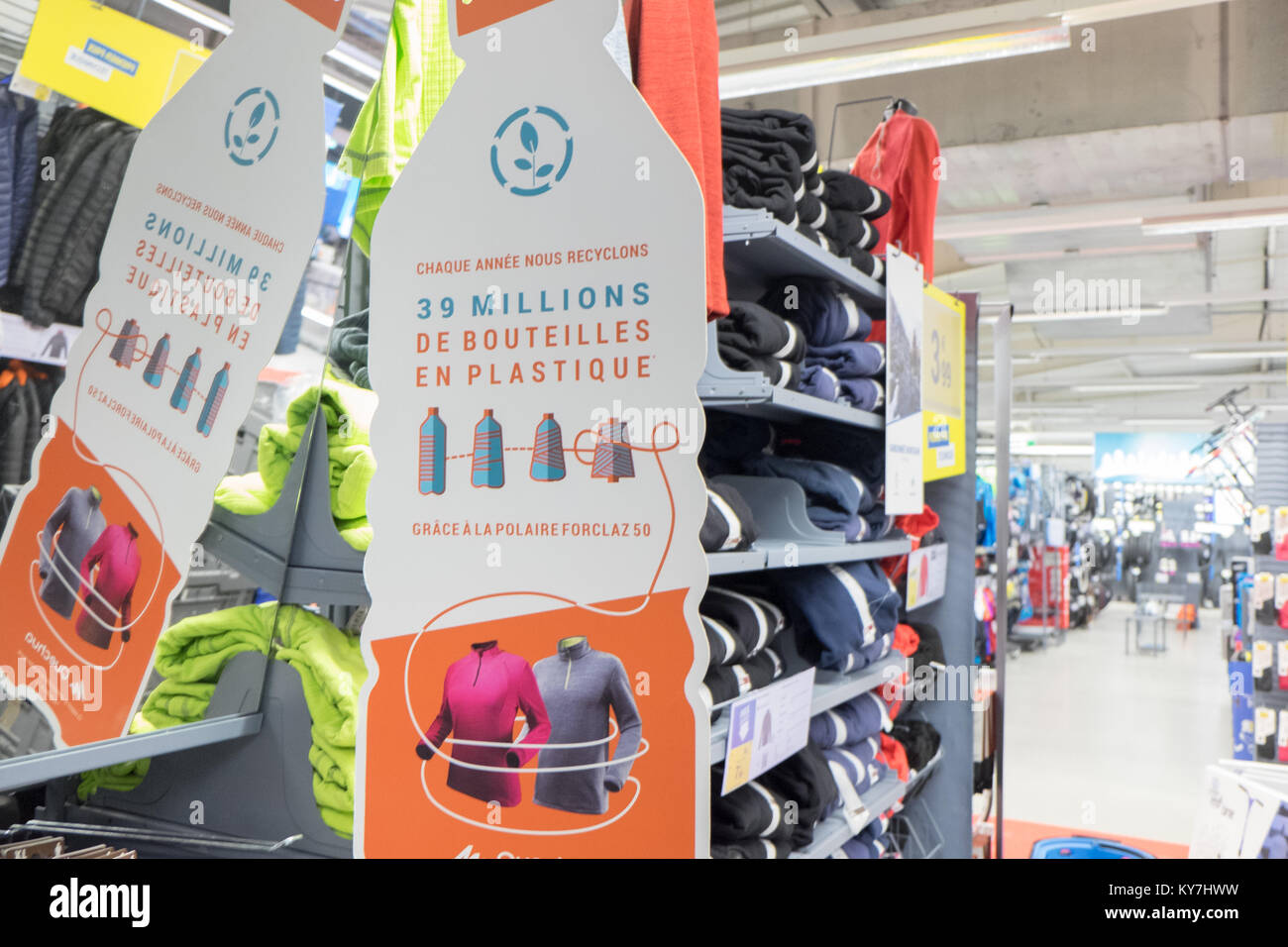 Sweaters,fleece,tops,on,sale,at,Decathlon,store,huge,outdoor,outlet,,with,  money,raised,used,to,reduce,plastic,bottles,usage,Carcassonne,Aude,France  Stock Photo - Alamy