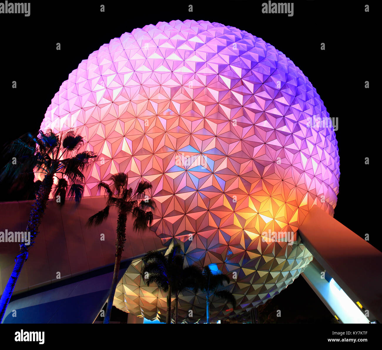 Disney's EPCOT Center sphere illuminated at night, Florida, USA Stock Photo
