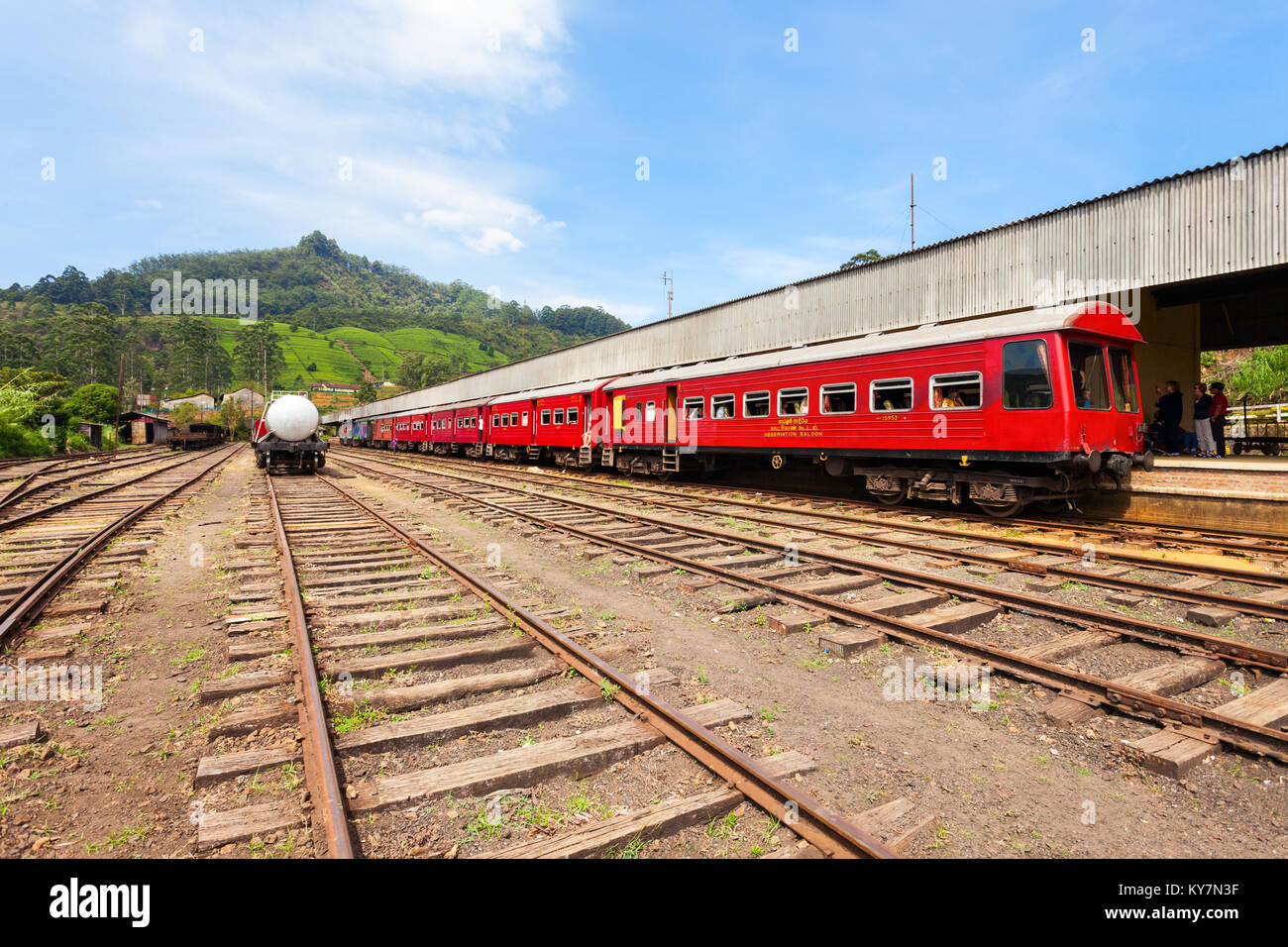 NUWARA ELIYA, SRI LANKA - FEBRUARY 22, 2017: Train at the Nanu Oya railway station near Nuwara Eliya, Sri Lanka. It is the main railway station in Nuw Stock Photo
