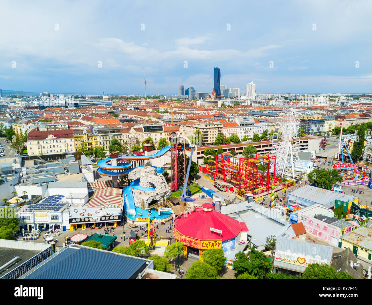 VIENNA, AUSTRIA - MAY 13, 2017: The Wurstelprater or Wurstel Prater aerial panoramic view. Wurstelprater is an amusement park and section of the Wiene Stock Photo