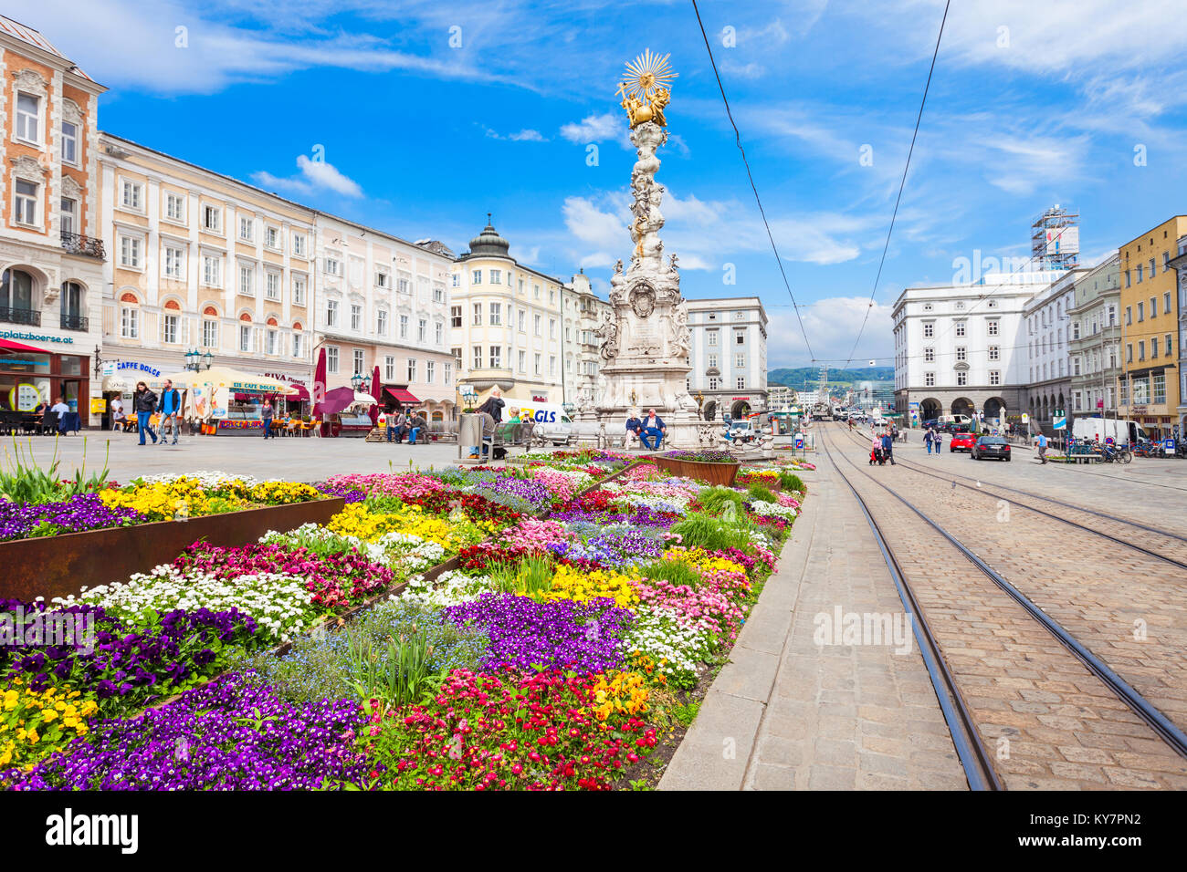 LINZ, AUSTRIA - MAY 15, 2017: Holy Trinity column on the Hauptplatz or main square in the centre of Linz, Austria. Linz is the third largest city of A Stock Photo