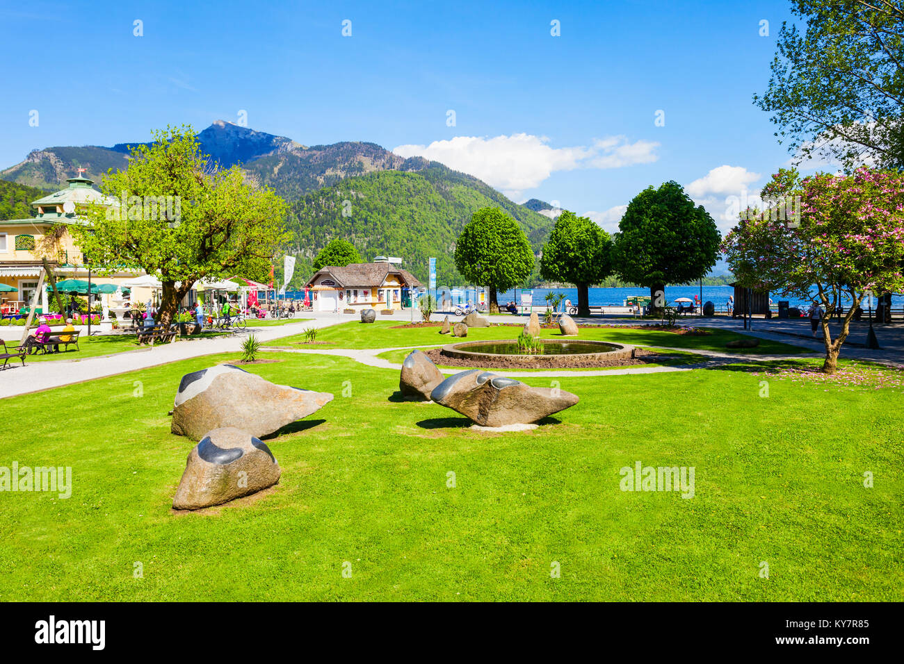 ST. GILGEN, AUSTRIA - MAY 17, 2017: Public park in St Gilgen village, Salzkammergut region of Austria. St Gilgen located at Wolfgangsee Lake. Stock Photo