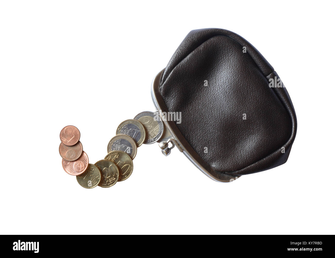 Black leather change purse and coins isolated on white background with ...