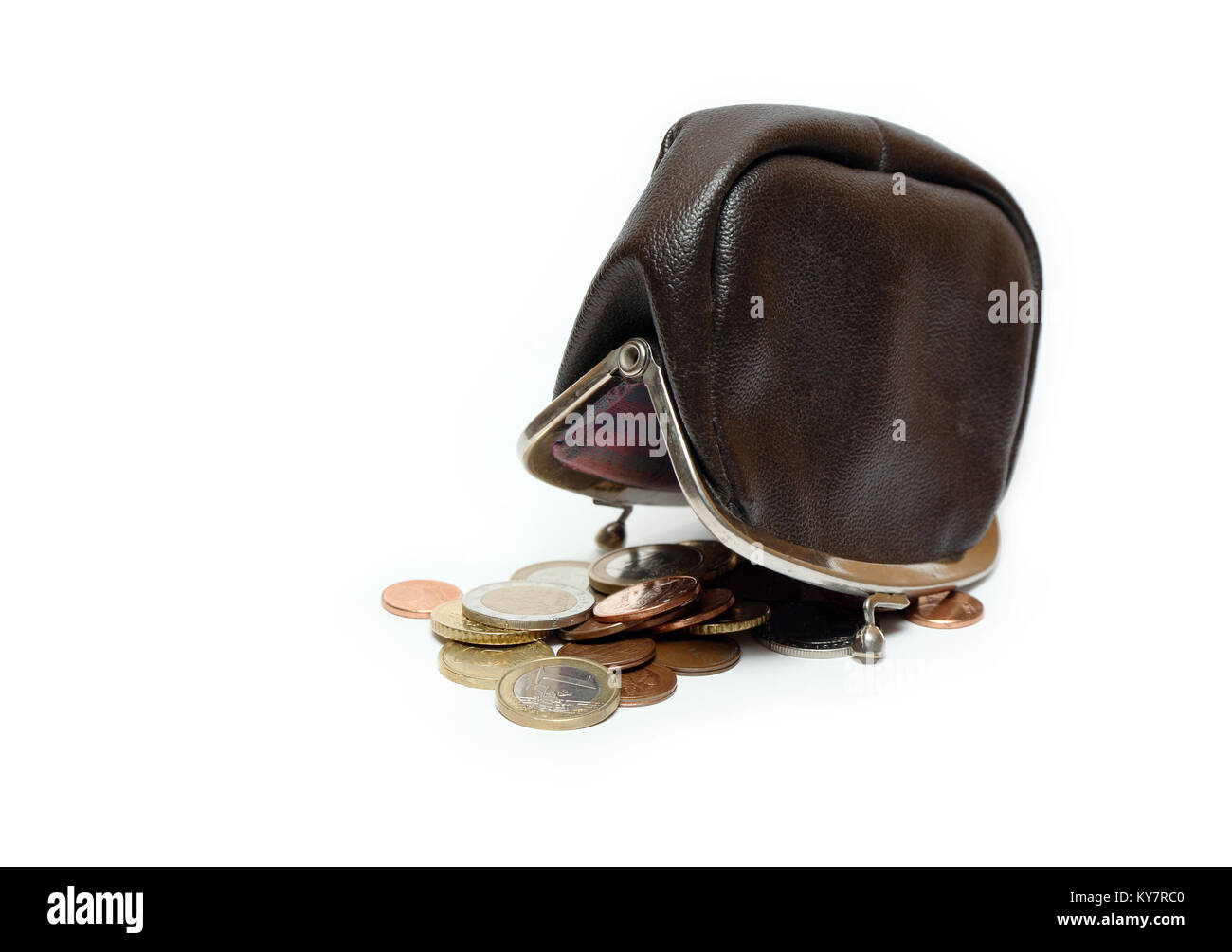 Black leather reverse change purse and coins isolated on white ...