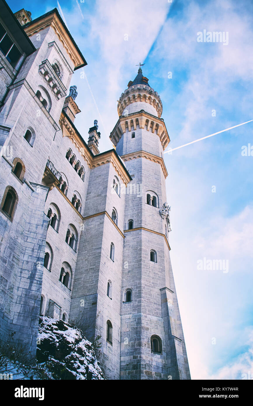 Tower of the fairytale Neuschwanstein castle in Germany Stock Photo