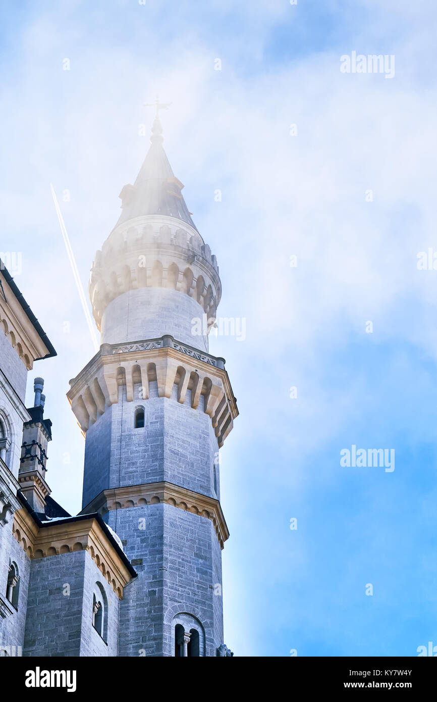 Tower of the fairytale Neuschwanstein castle in Germany Stock Photo