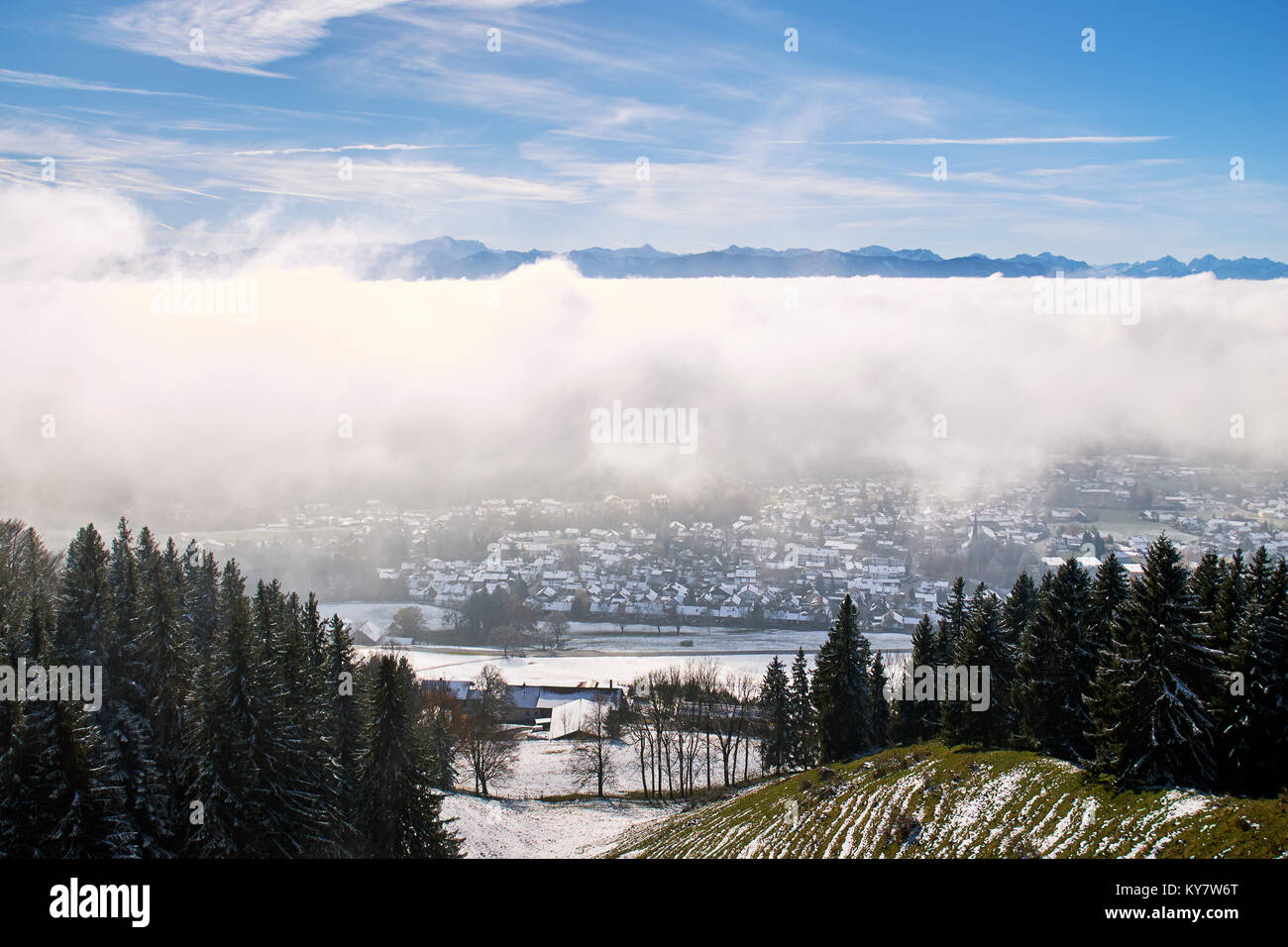 Peissenberg, Germany, under a thick layer of fog. View from the mountain Stock Photo