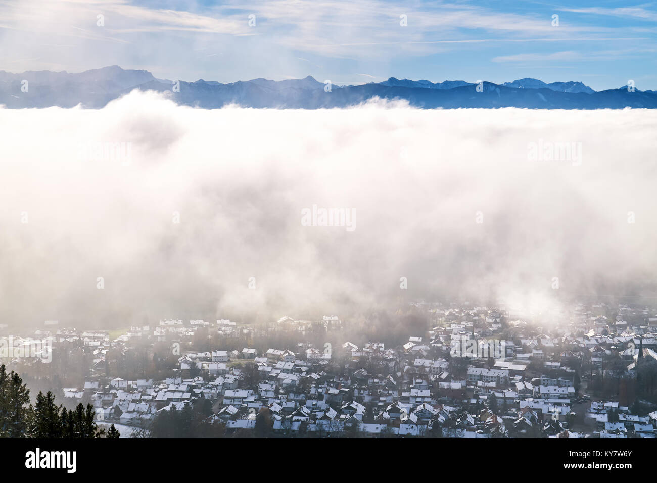 Peissenberg, Germany, under a thick layer of fog. View from the mountain Stock Photo