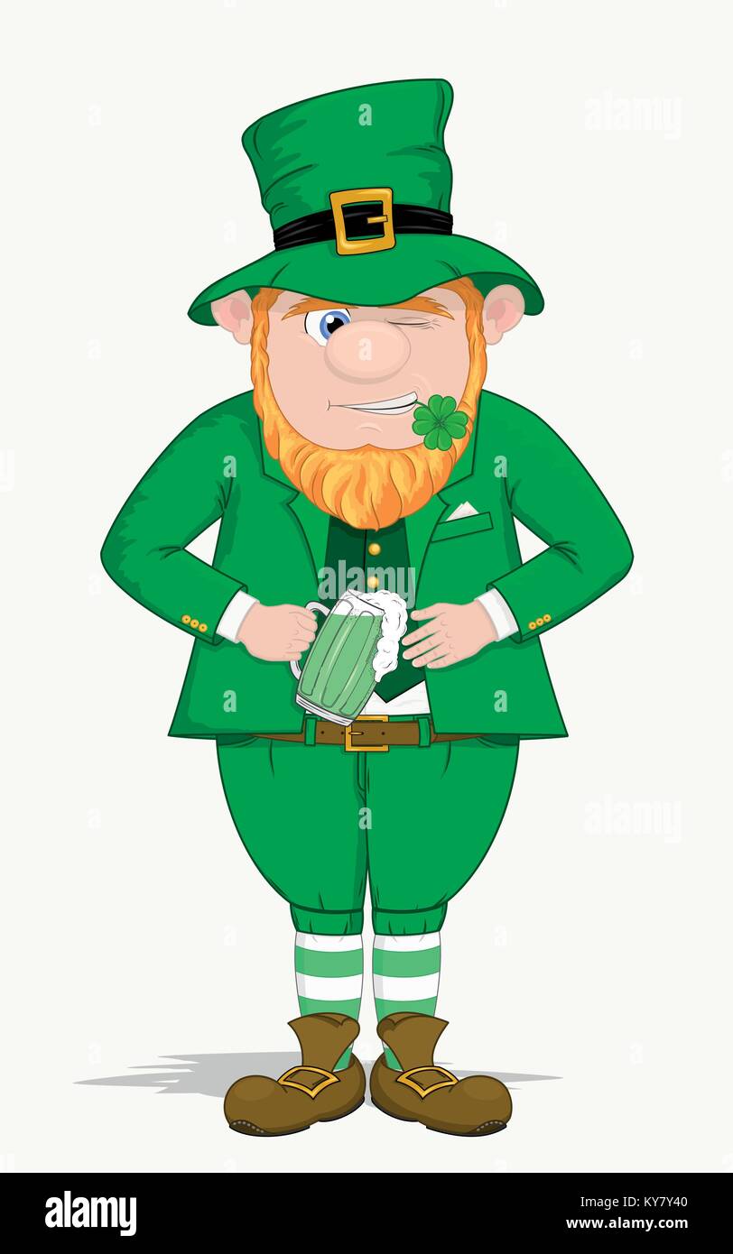 Hand drawn vector illustration of a funny smiling leprechaun dressed in green with orange beard and drinking beer Stock Vector