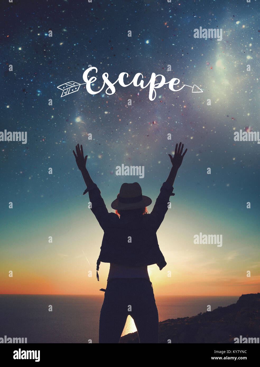 Carefree woman hands up in the air to the stars, escape concept Stock Photo