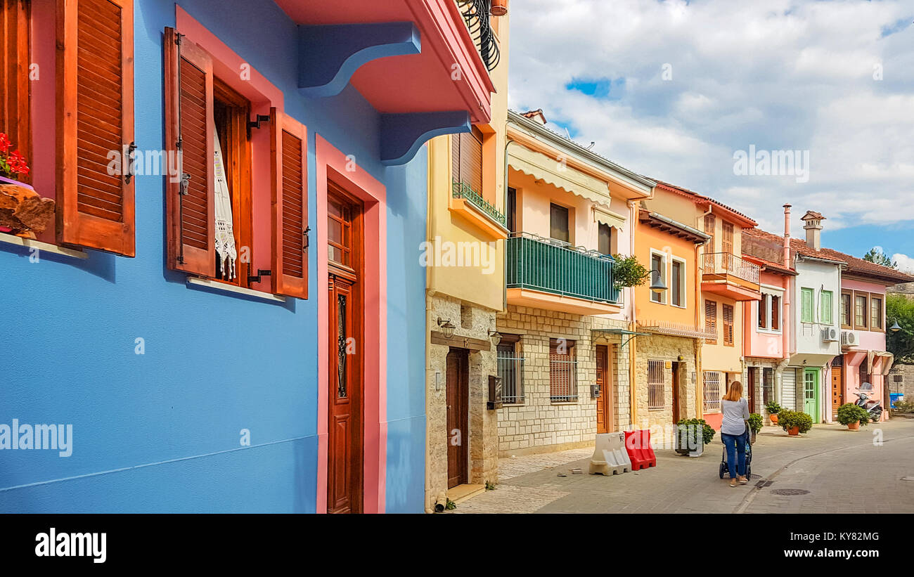 colorfull  pedestrian street and houses  in Ioannina city Greece Stock Photo