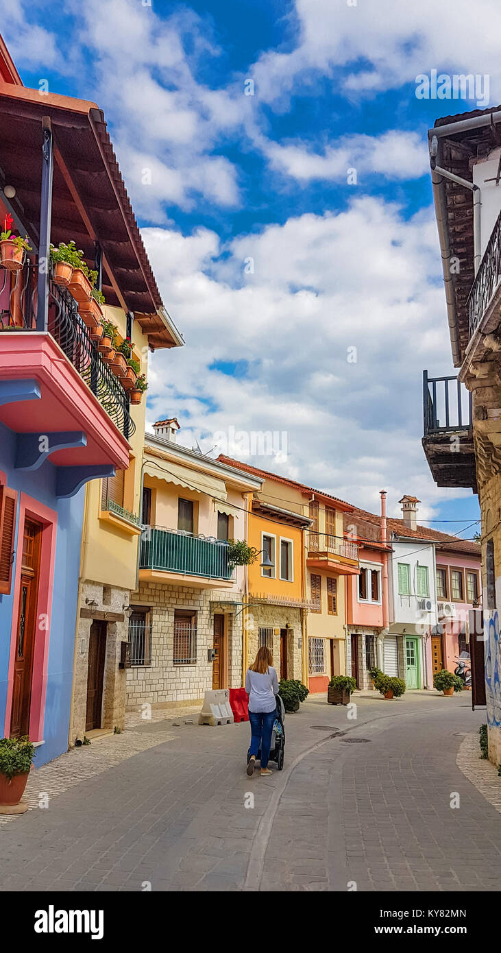 colorfull  pedestrian street and houses  in Ioannina city Greece Stock Photo