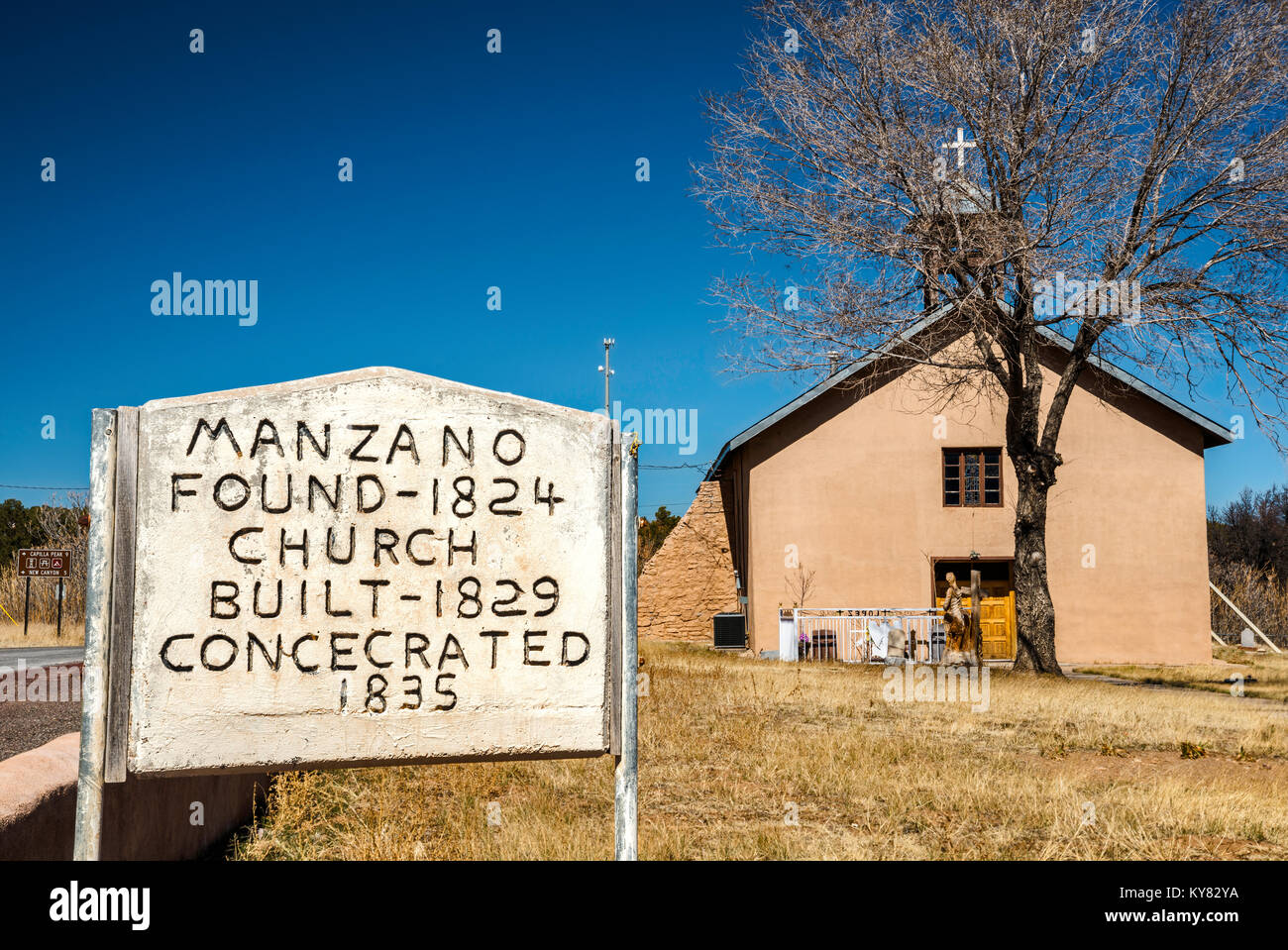Sign at Our Lady of Sorrows Church in Manzano, New Mexico, USA Stock Photo