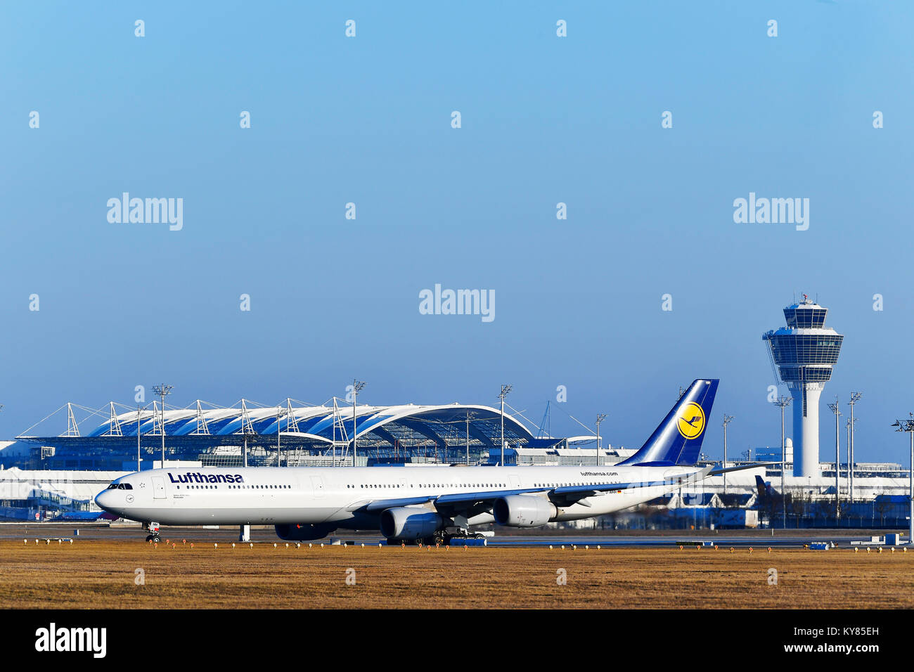 Lufthansa, Airbus, A340-600, aircraft, airplane, plane, airlines, airways, roll, in, out,  Munich Airport, Stock Photo