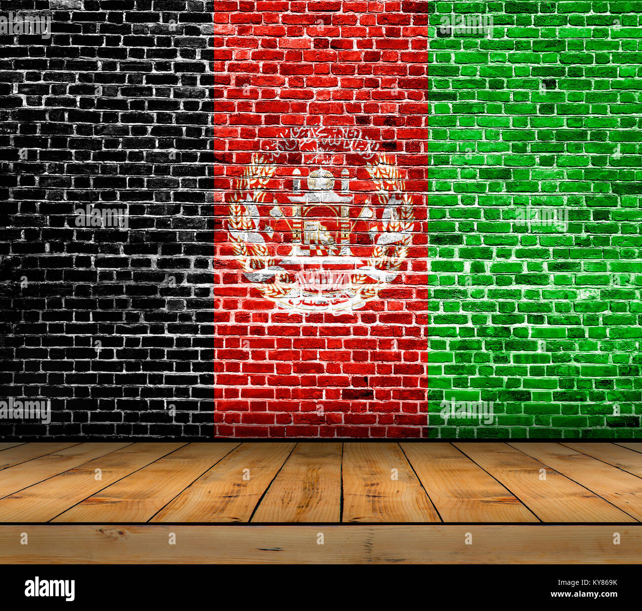 Afghanistan flag painted on brick wall with wooden floor Stock Photo ...