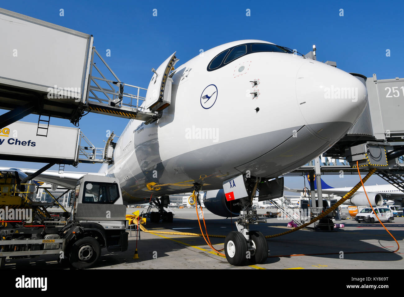 Lufthansa, Airbus, A350-900, aircraft, airplane, plane, airlines, airways, roll, in, out,  take of, start, Push, Ramp, Munich Airport, Stock Photo