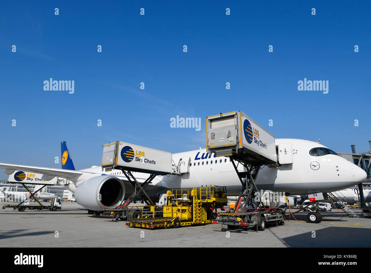 Lufthansa, Airbus, A350-900, aircraft, airplane, plane, airlines, airways, roll, in, out,  take of, start, Push, Ramp, Munich Airport, Stock Photo