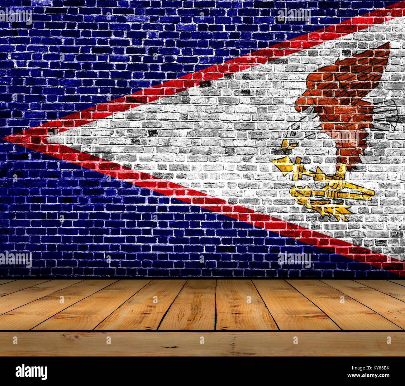 American Samoa flag painted on brick wall with wooden floor Stock Photo ...