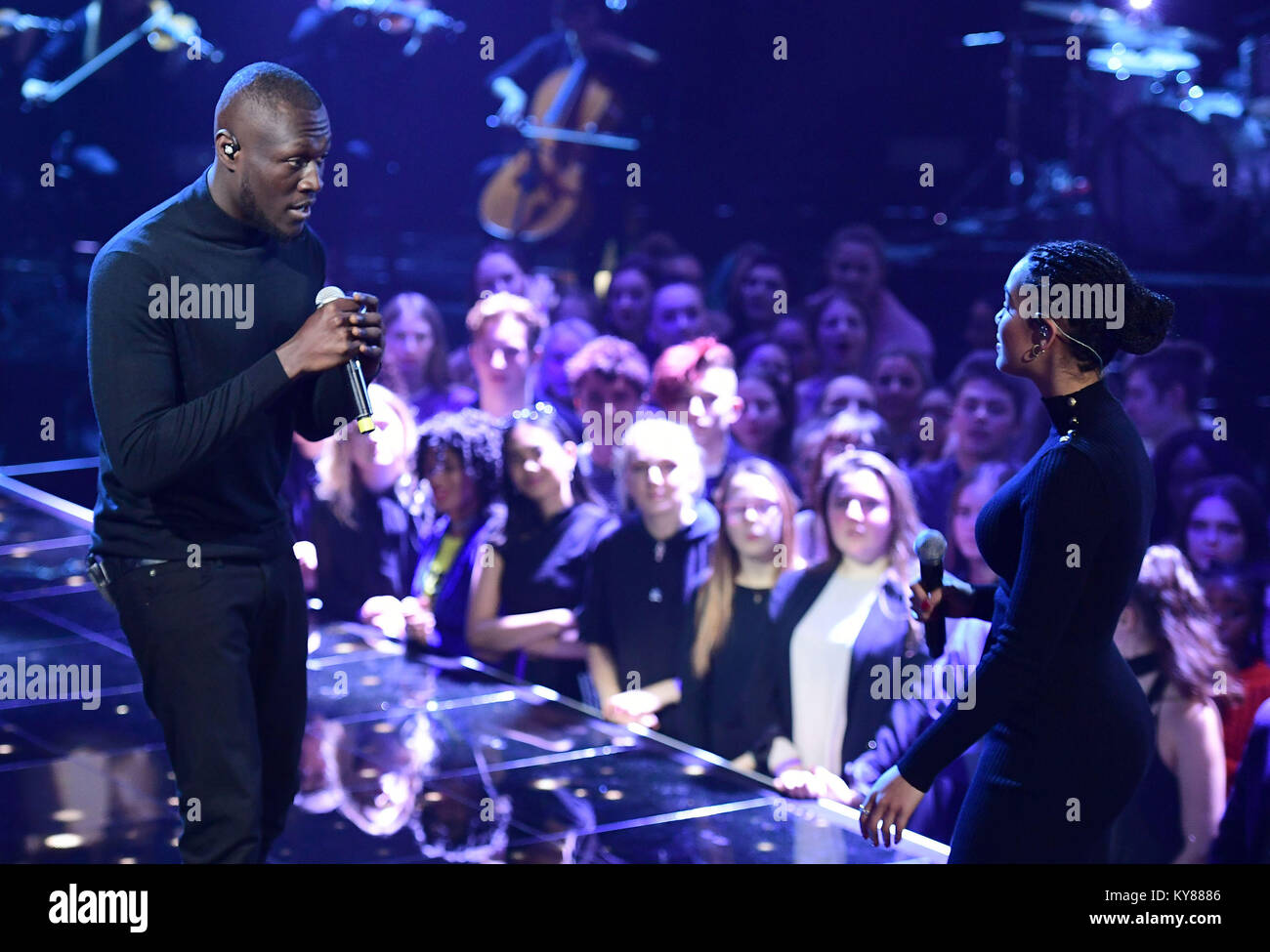 Stormzy And Jorja Smith Performing At The Brit Awards 18 Nominations Event Held At Itv Studios On Southbank London Stock Photo Alamy