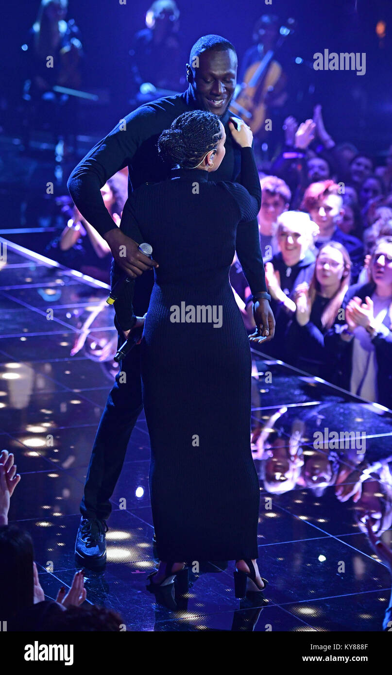Stormzy And Jorja Smith Performing At The Brit Awards 18 Nominations Event Held At Itv Studios On Southbank London Stock Photo Alamy