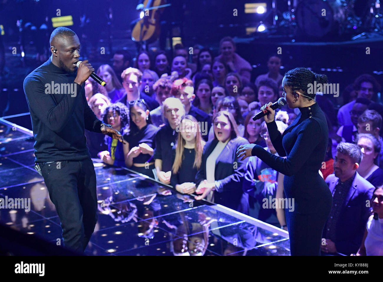 Stormzy And Jorja Smith Performing At The Brit Awards 18 Nominations Event Held At Itv Studios On Southbank London Stock Photo Alamy