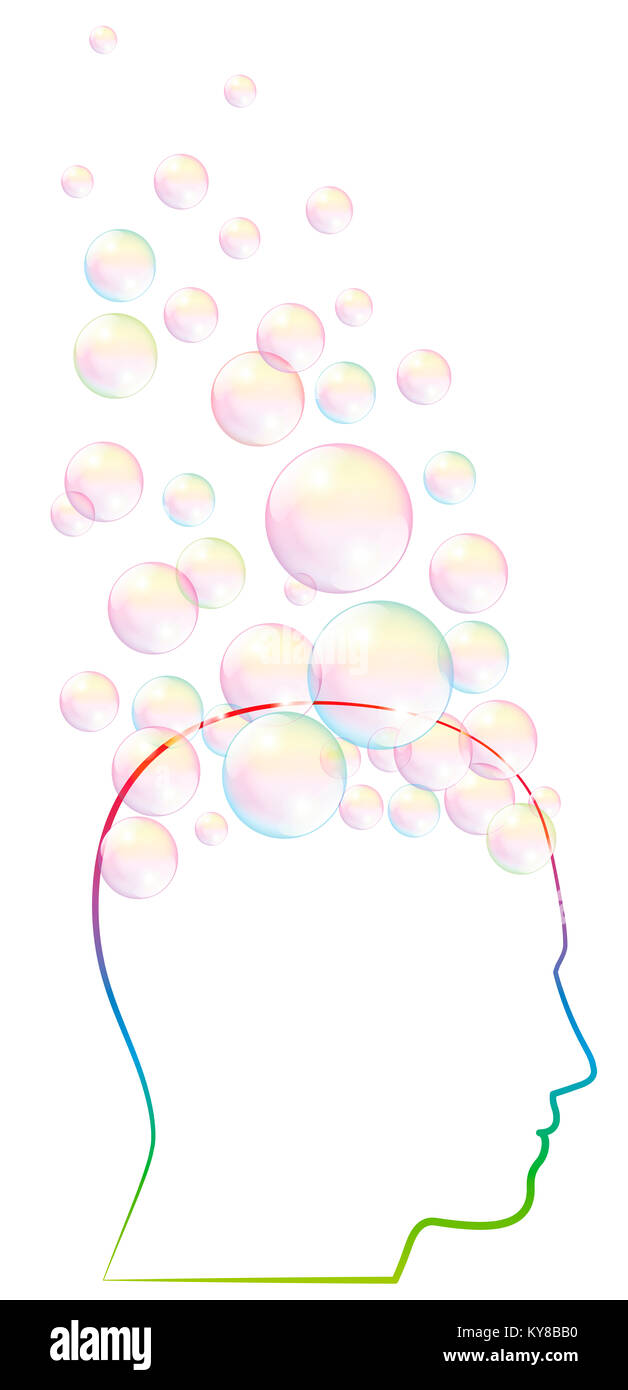 Daydreamer - bubbles coming out of a human head -  symbol for dreamer, pipe dreams, illusions, fantasy, dreaminess, absent mindedness. Stock Photo