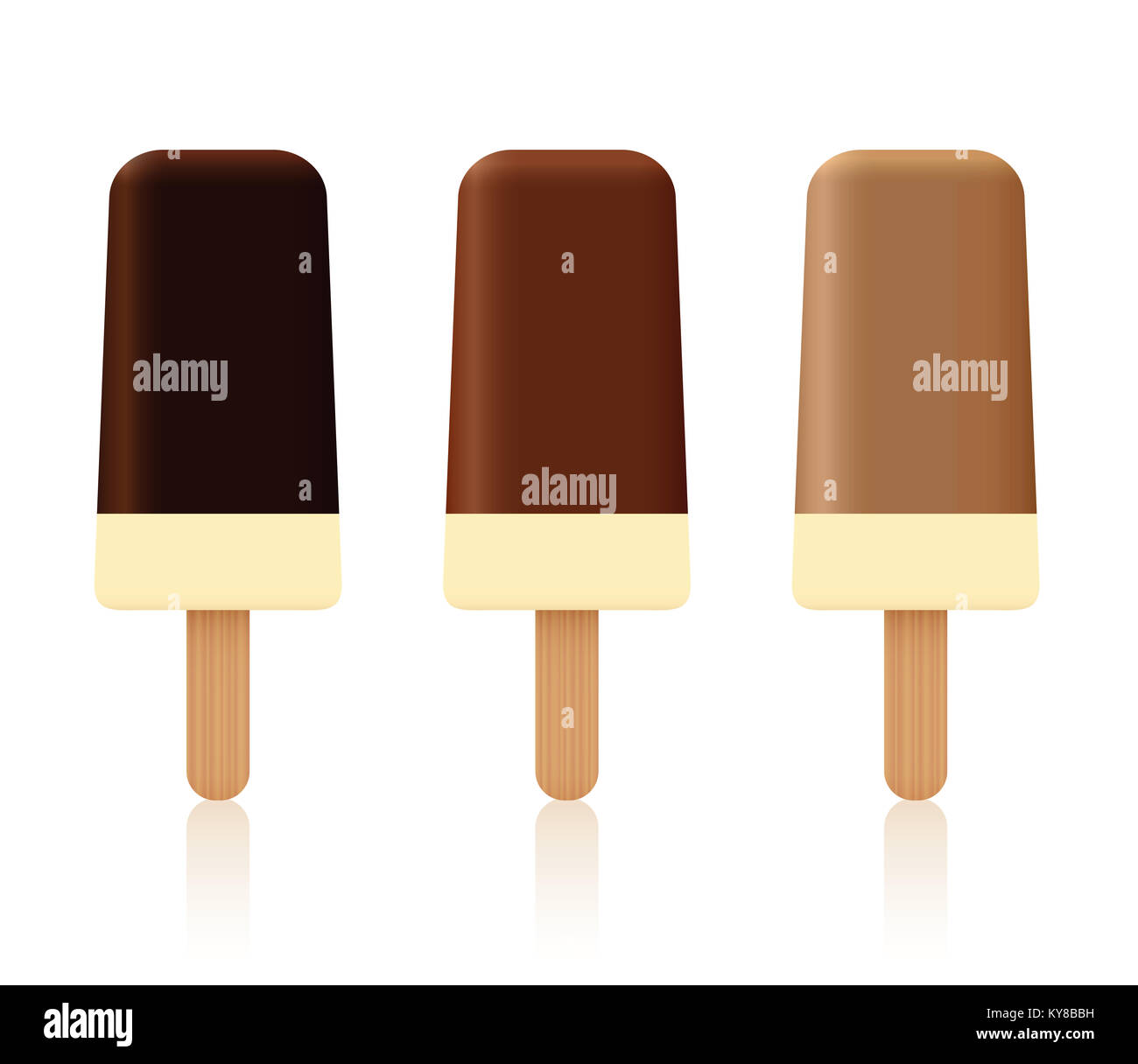 Chocolate ice cream lollys with dark, light and milk chocolate coating - set of three sweet frozen desserts with vanilla filling. Stock Photo