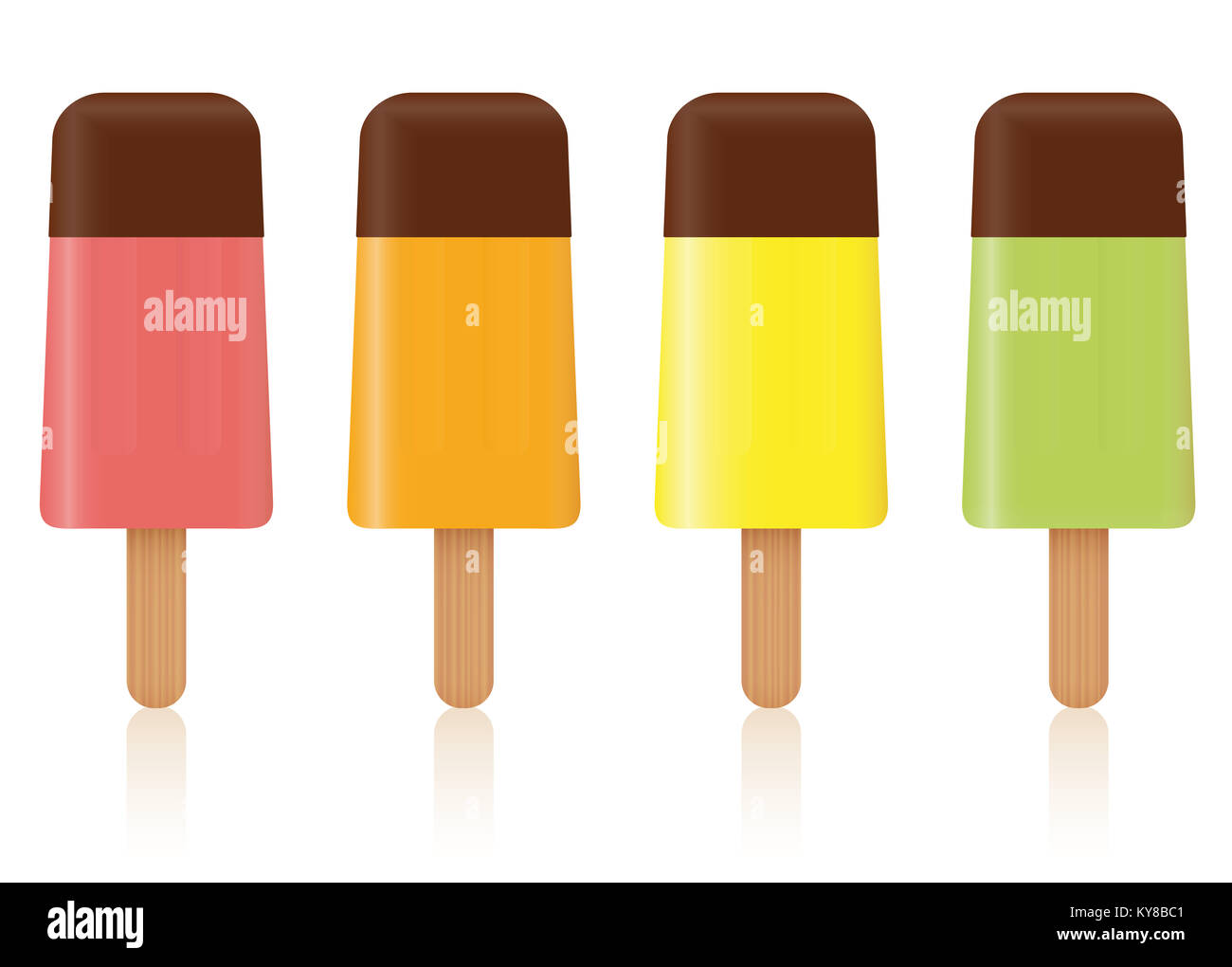 Ice pops - colored fruit ice cream lollys with chocolate glaze topping - set of four frozen popsicles - illustration on white background. Stock Photo